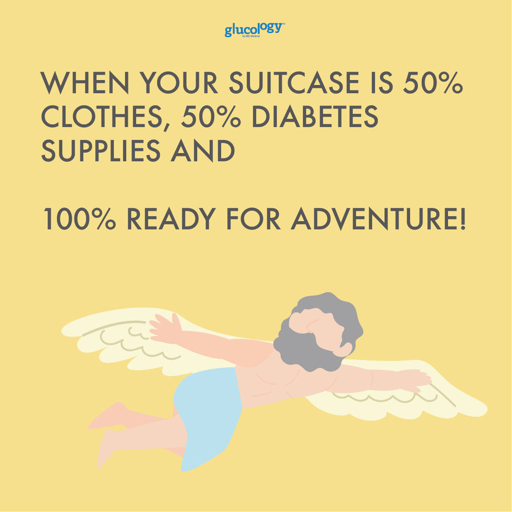 A suitcase packed with diabetes supplies like insulin, test strips, and an insulin pump alongside travel clothes, ready for adventure.