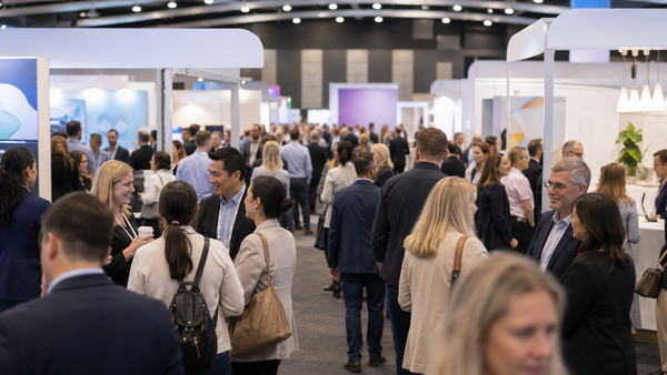 Pharmacy and healthcare professionals networking at a busy industry exhibition