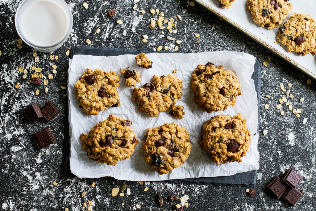 Diabetes-friendly muesli chocolate chip cookies, packed with fibre and antioxidants, served on a plate.