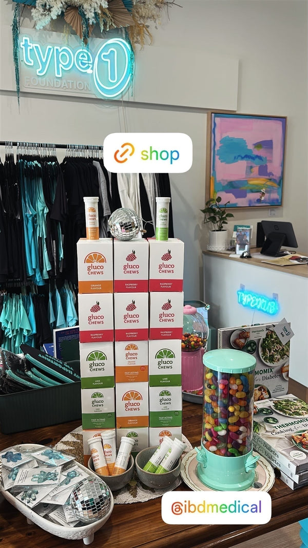 Glucology products displayed in The Type 1 Foundation store in Geelong, supporting newly diagnosed Type 1 diabetes patients in Australia.