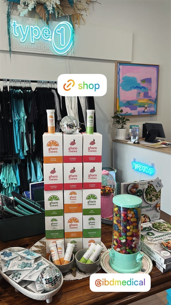 Glucology products displayed in The Type 1 Foundation store in Geelong, supporting newly diagnosed Type 1 diabetes patients in Australia.