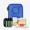 Glucology Diabetes Travel Case, Pocket Needle Sharps Bins, Fast Acting Glucochews (Lime & Raspberry), and Alcohol Free Finger Wipes for diabetic travel essentials.