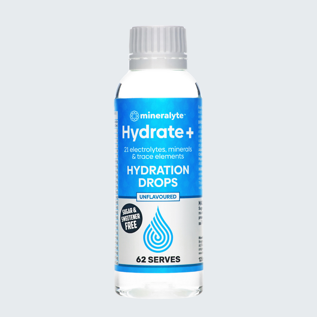 Oral Hydration Drops bottle featuring 'No Sugar, No Sweeteners, No Preservatives' text with 62 servings