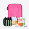 Glucology Diabetes Travel Case, Pocket Needle Sharps Bins, Fast Acting Glucochews (Lime & Raspberry), and Alcohol Free Finger Wipes for diabetic travel essentials.