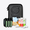 Glucology Diabetes Travel Case, Pocket Needle Sharps Bins, Fast Acting Glucochews (Lime & Raspberry), and Alcohol Free Finger Wipes for diabetic travel essentials.