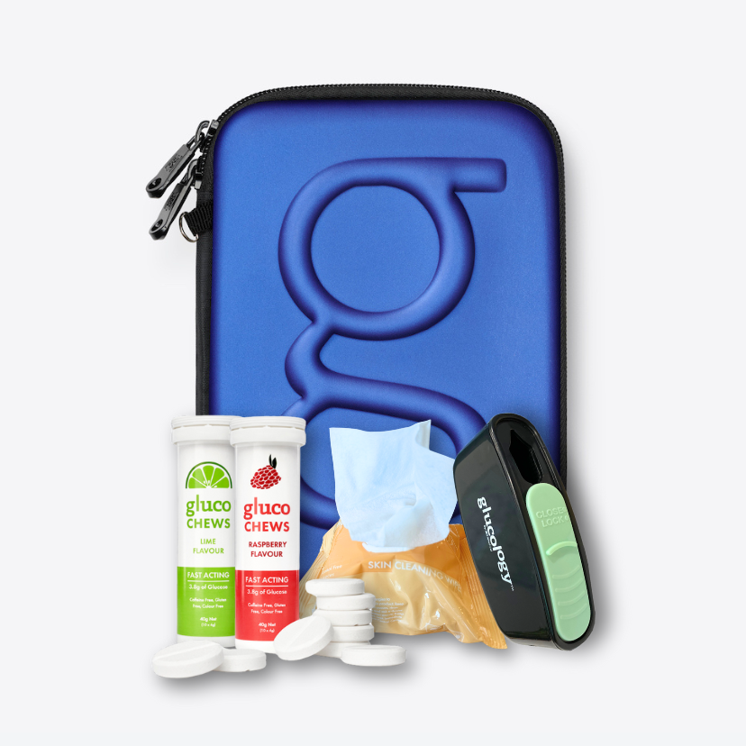 Glucology Diabetes Travel Case, Pocket Needle Sharps Bins, Fast Acting Glucochews (Lime & Raspberry), and Alcohol Free Finger Wipes for diabetic travel essentials.