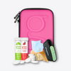 Glucology Diabetes Travel Case, Pocket Needle Sharps Bins, Fast Acting Glucochews (Lime & Raspberry), and Alcohol Free Finger Wipes for diabetic travel essentials.