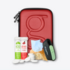 Glucology Diabetes Travel Case, Pocket Needle Sharps Bins, Fast Acting Glucochews (Lime & Raspberry), and Alcohol Free Finger Wipes for diabetic travel essentials.