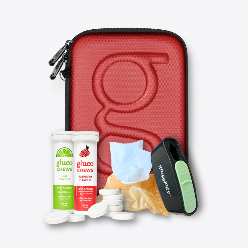 Glucology Diabetes Travel Case, Pocket Needle Sharps Bins, Fast Acting Glucochews (Lime & Raspberry), and Alcohol Free Finger Wipes for diabetic travel essentials.