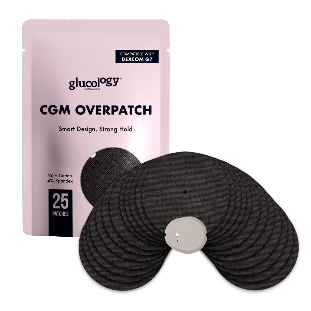 Glucology Dexcom G7 CGM overpatch packaging with multiple patches on a white background