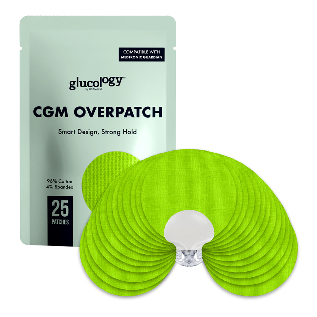 Glucology CGM overpatch packaging with green patches on a white background