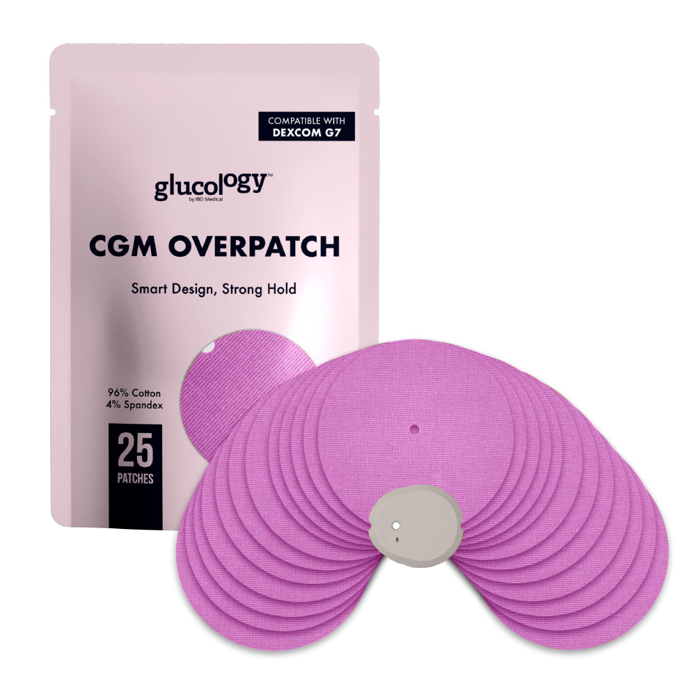 Glucology CGM Dexcom G7 overpatch packaging with purple patches on a white background