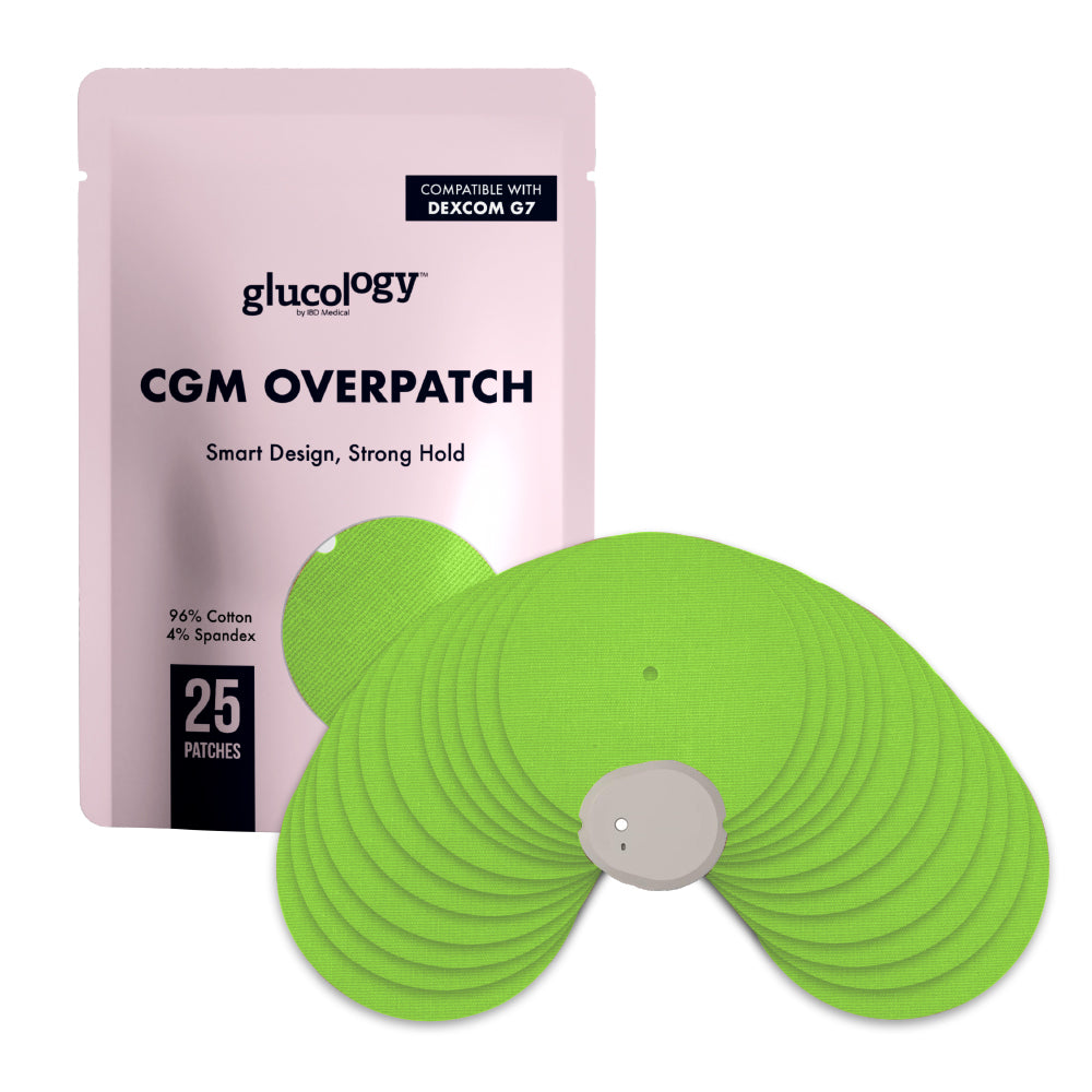 Glucology CGM Dexcom G7 overpatch packaging with green patches on a white background