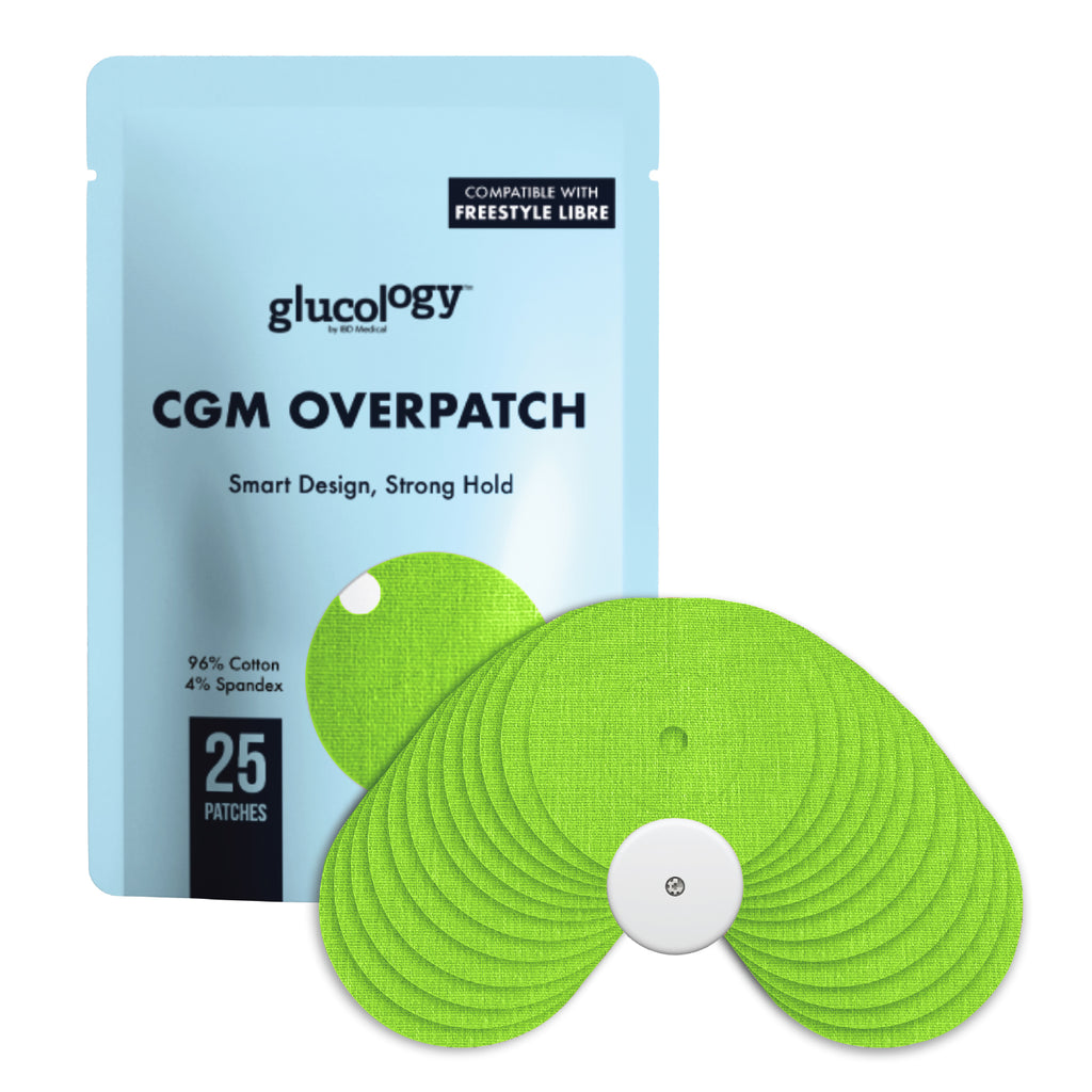 Glucology CGM Freestyle Libre overpatch packaging with green patches 