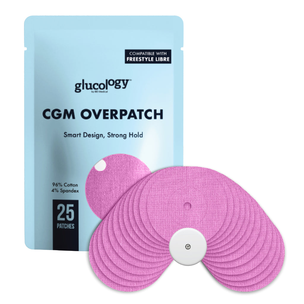 Glucology CGM oFreestyle libre patch packaging with pink patches 
