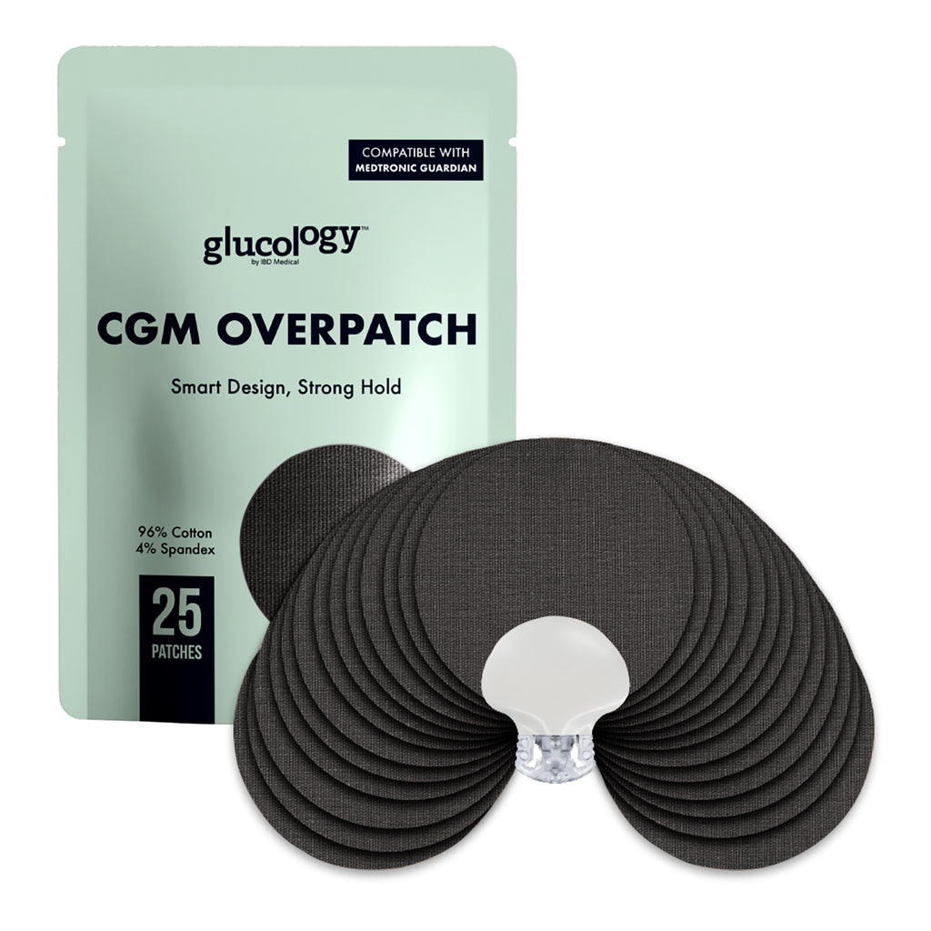 Glucology CGM CGM Over patch-Medtronic Black overpatch packaging with multiple patches on a white background