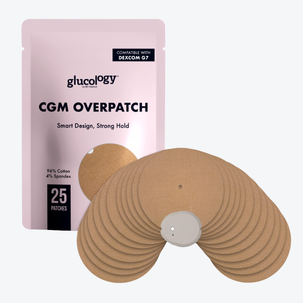 Glucology CGM overpatch packaging with patches on a white background