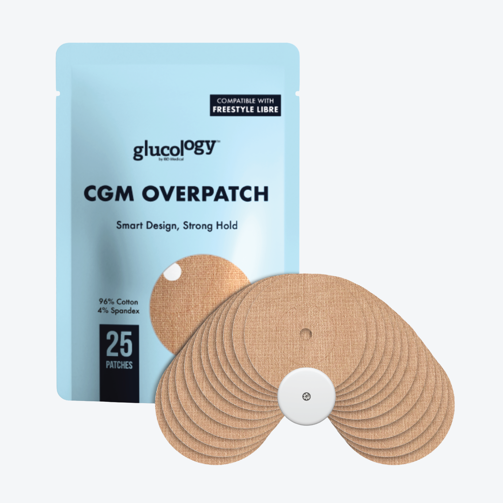 Glucology Freestyle CGM overpatch packaging with patches on a white background
