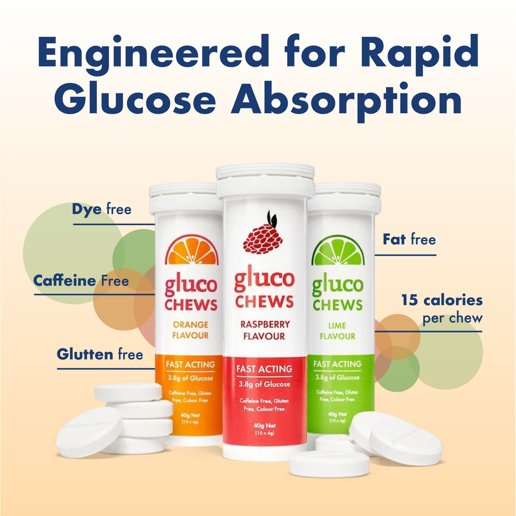 Gluco Chews packaging with flavor labels and nutritional information on a beige background