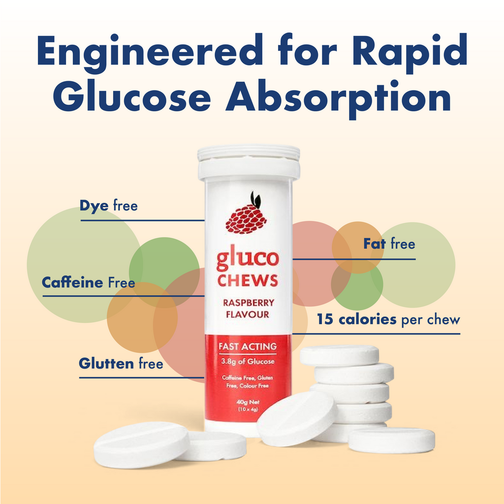 Gluco Chews packaging with text highlighting features on a beige background