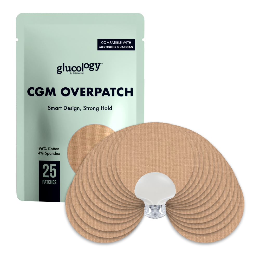 Glucology Medtronic Guardian CGM overpatch packaging with patches on a white background