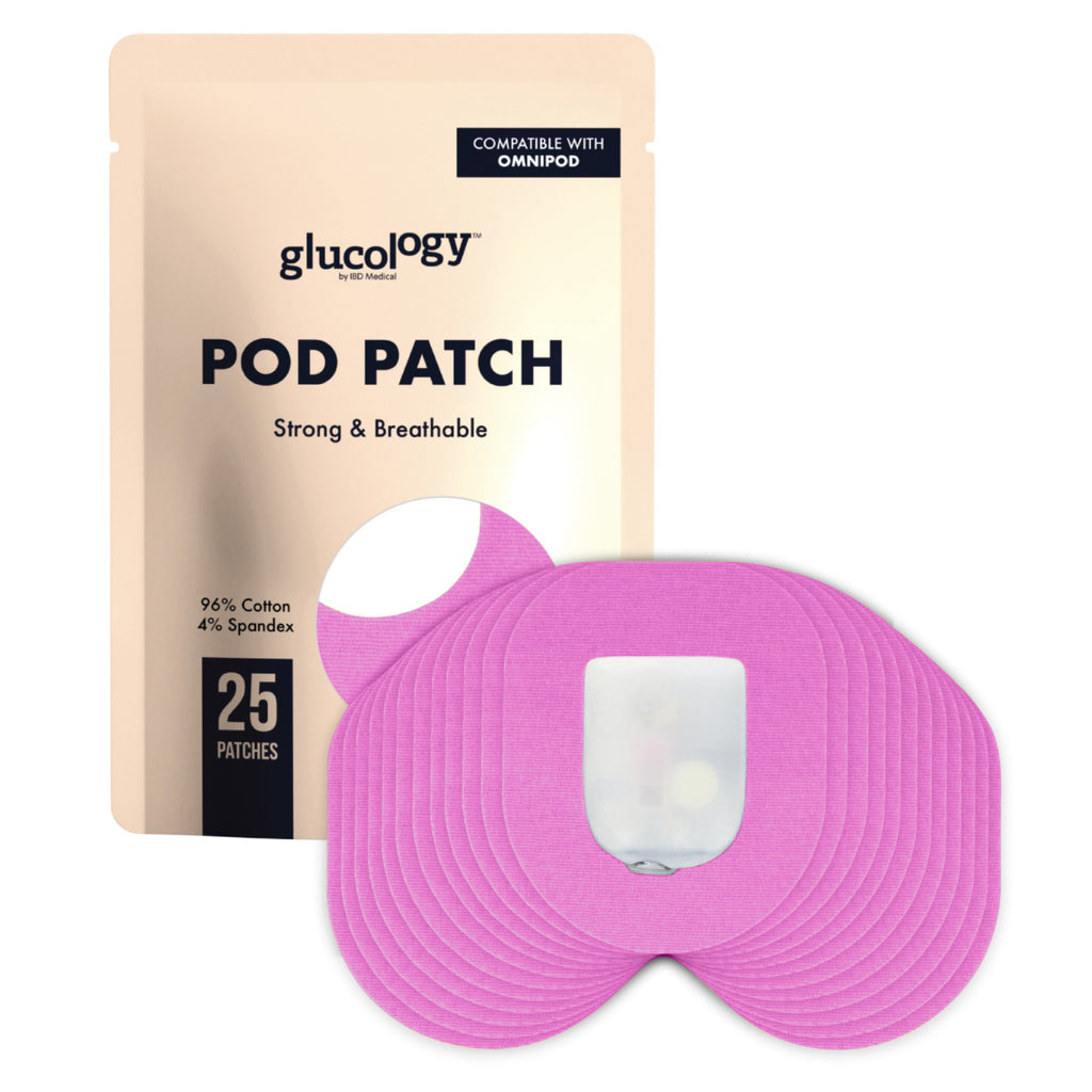 Glucology Omni pod patch packaging with pink patches on a white background